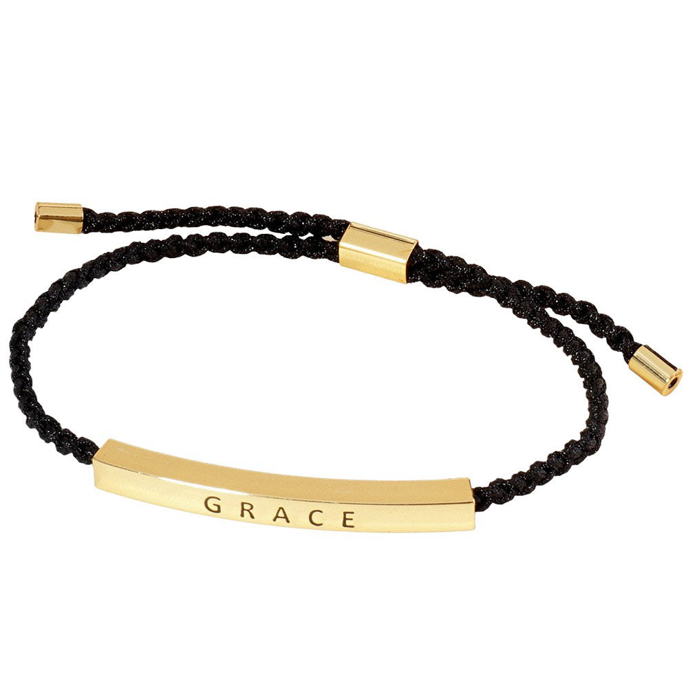 Gold-Dipped GRACE Message Bar Pointed Rope Adjustable Cinch Pull Tie Bracelet,  Perfect accessory to elevate any outfit. Its adjustable cinch pull tie allows for a comfortable and secure fit, while the message bar adds a touch of inspiration. Made with high-quality materials and expert craftsmanship, this bracelet is a must-have for any fashion-forward individual.