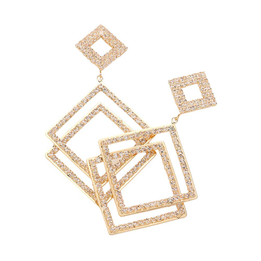 Gold Geometric Rhinestone Triple Open Square Link Dangle Earrings, Be the envy of your peers and make a statement with these. Crafted from quality materials, the earrings feature a striking geometric design delicately adorned with rhinestones. Wear the earrings to add the perfect touch of glamour and sparkle to any look.