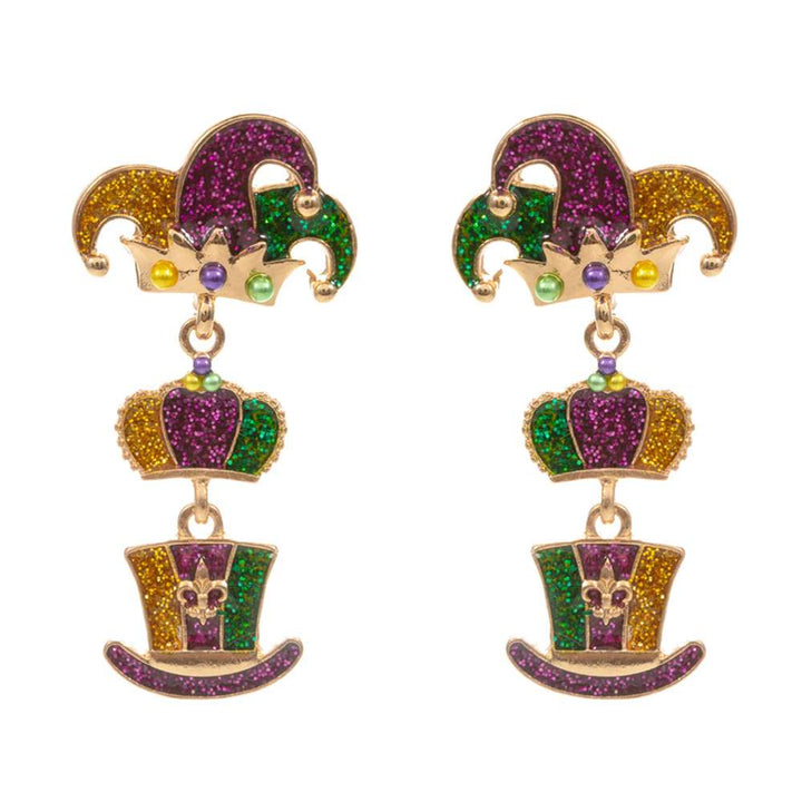 Gold-These colorful Glittered Enamel Mardi Gras Jester Hat Link Dropdown Dangle Earrings perfectly capture the festive spirit of Mardi Gras. The glittering enamel adds a touch of whimsy, while the dangling design adds movement and flair to any outfit. A must-have accessory for any Mardi Gras celebration! 