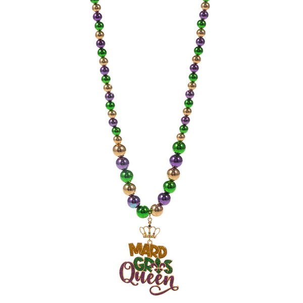 Gold-Glittered Enamel Mardi Gras Queen Message Pendant Pointed Beaded Necklace features a sparkling enamel pendant with a special message, perfect for the Mardi Gras season. The beaded necklace adds an elegant touch and brings a festive spirit to any outfit.