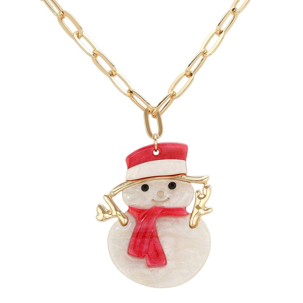 Gold-Glittered Resin Snowman Pendant Necklace is the perfect accessory for the holiday season. Made with sparkling resin, this pendant necklace features a whimsical snowman that will add a touch of festive charm to any outfit. Complete your Christmas look with this charming necklace. A perfect gift for your loved one.