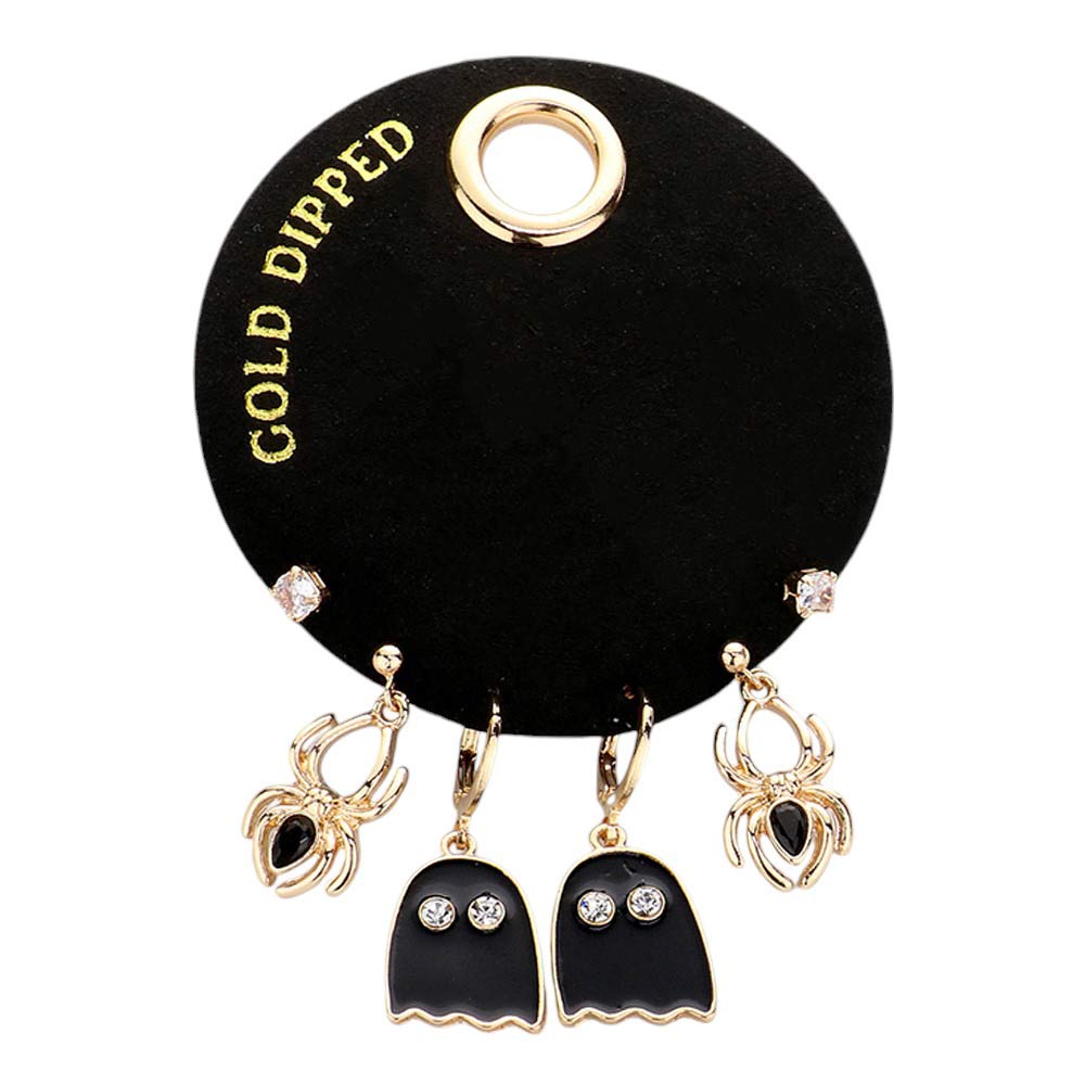 Gold Dipped Enamel Ghost Spider Stone Stud 3 Pairs Earring Set