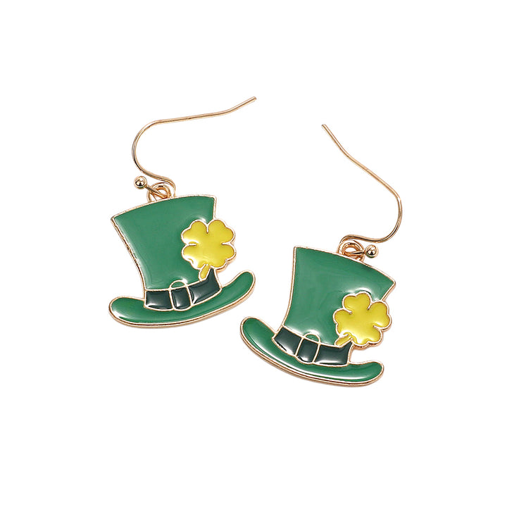 Gold-Green-Enamel Leprechaun Hat Dangle Earrings are a fun and festive addition to any St. Patrick's Day or Irish-themed outfit. With their unique design and high-quality enamel finish, these earrings are sure to make a statement. Perfect for showing off your Irish pride or adding a touch of whimsy to your ensemble.