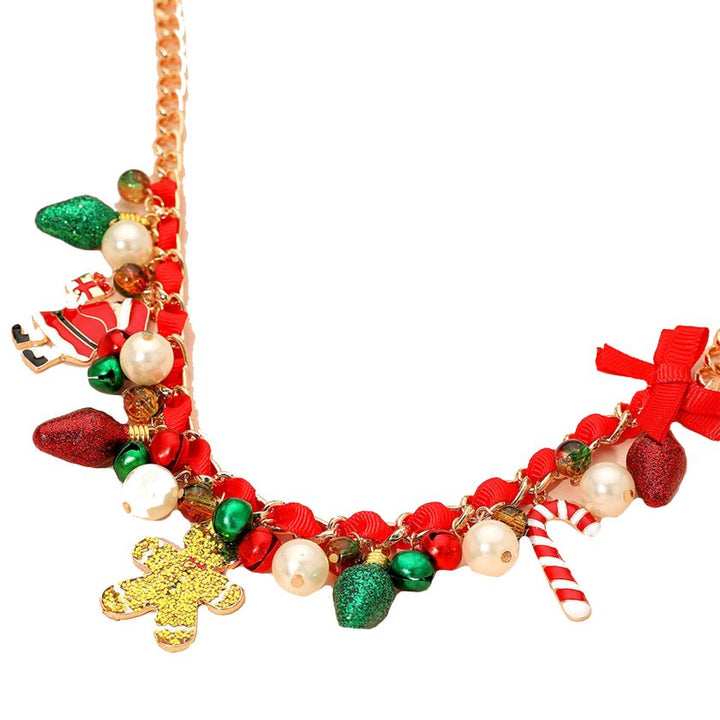 Bring joy to your festive looks with this holiday candy charm statement necklace. Featuring playful pendants like gingerbread men, candy canes, and colorful ornaments, it adds a cheerful and eye-catching sparkle to any celebration or winter outfit.