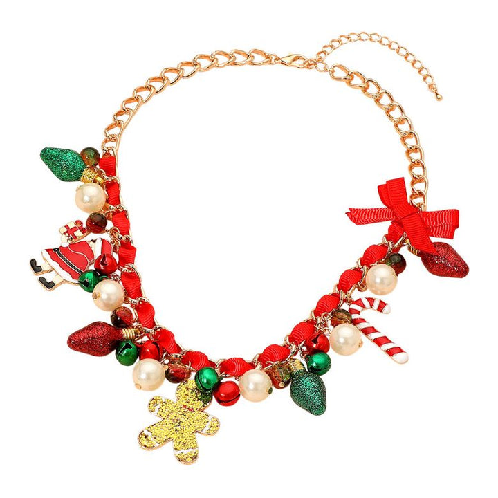 Bring joy to your festive looks with this holiday candy charm statement necklace. Featuring playful pendants like gingerbread men, candy canes, and colorful ornaments, it adds a cheerful and eye-catching sparkle to any celebration or winter outfit.
