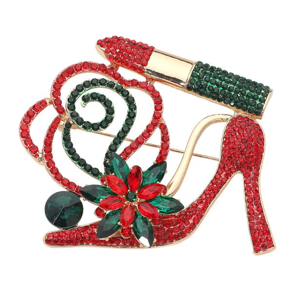 Glamorous brooch featuring a high heel, lipstick, floral accents, and sparkling crystals. A bold statement accessory perfect for adding flair to jackets, scarves, or bags. Ideal for special occasions or gifting with a touch of fashion-forward fun.