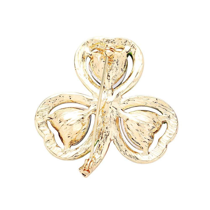 Gold-Green-St. Patrick's Day Crystal Rhinestone Pave Clover Pin Brooch adds a touch of elegance and luck to any outfit. Made with high-quality materials, the sparkling crystals and intricate design make for a stunning accessory. Show off your festive spirit with this beautiful brooch. 