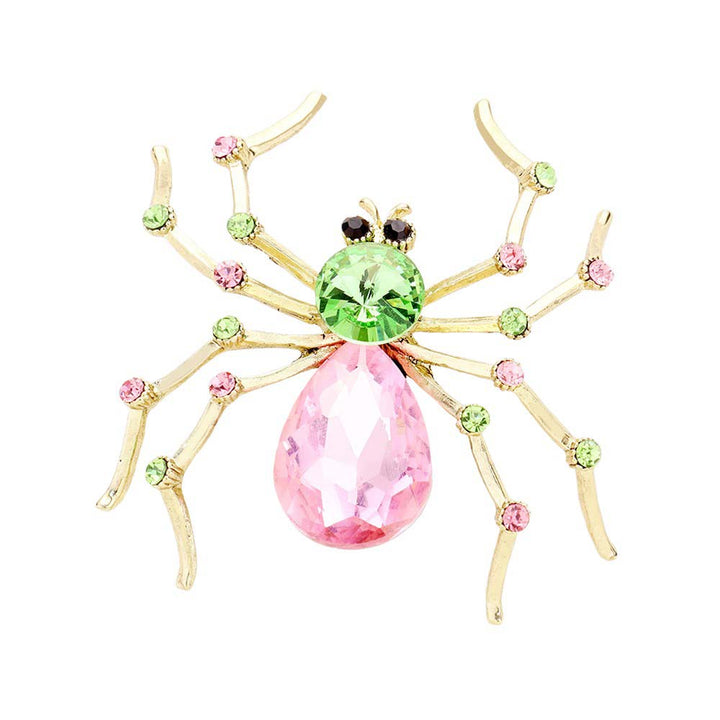 Gold-Green-Pink-Crystal Spider Pin Brooch is crafted with sparkling crystals, adding a touch of sophistication to any outfit. The intricate design and attention to detail make it a must-have for any accessory collection. Elevate your style with this stunning brooch.