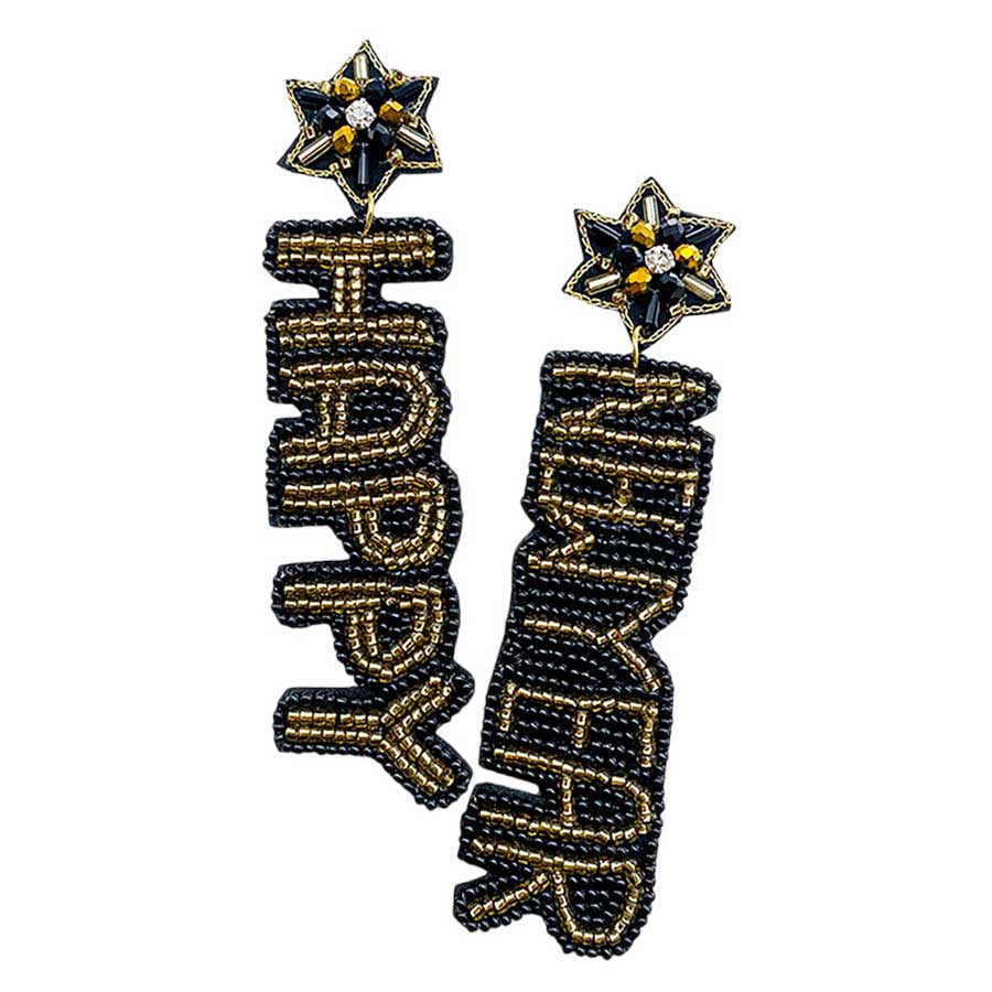 Gold, Celebrate the new year in style with these Happy New Year Felt Back Seed Beaded Message Dangle Earrings. Crafted from high-quality felt and seed beads, features a stylish message dangle and makes the perfect statement accessory for the holiday season. The message is perfect for a special touch to your New Year's look.