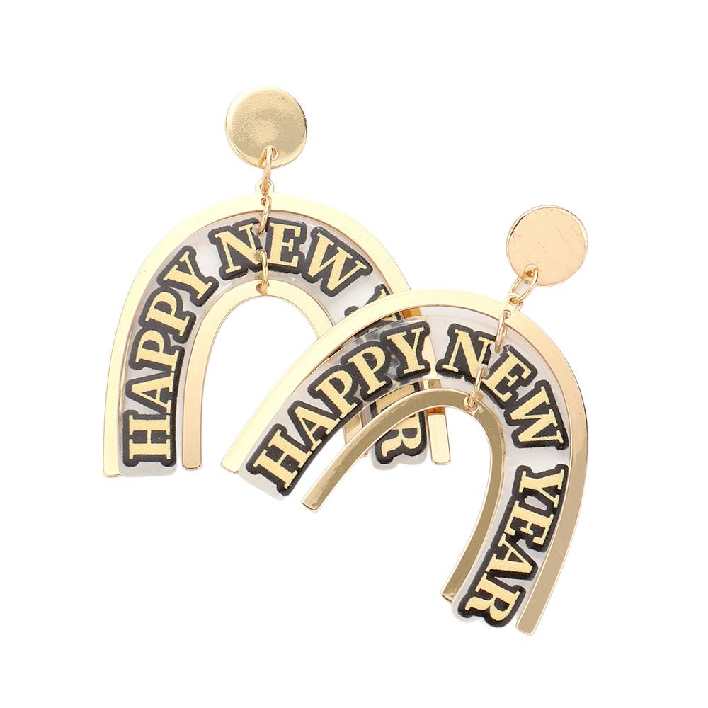Gold These Happy New Year Dangle Earrings feature a Happy New Year message adorning the front, these earrings offer a subtle yet sophisticated way to add a pop of sparkle to your ensemble. These earrings will add a glamorous touch to your wardrobe for many years to come. Celebrate the new year with these Earrings! 