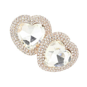 Gold Heart Glass Stone Cluster Clip On Earrings, adds a touch of luxury to any outfit. With a cluster of sparkling glass stones, these earrings are a unique and eye-catching accessory. The clip-on fastening makes them comfortable and easy to wear. Perfect for any special occasion, parties, night outings, proms, etc.