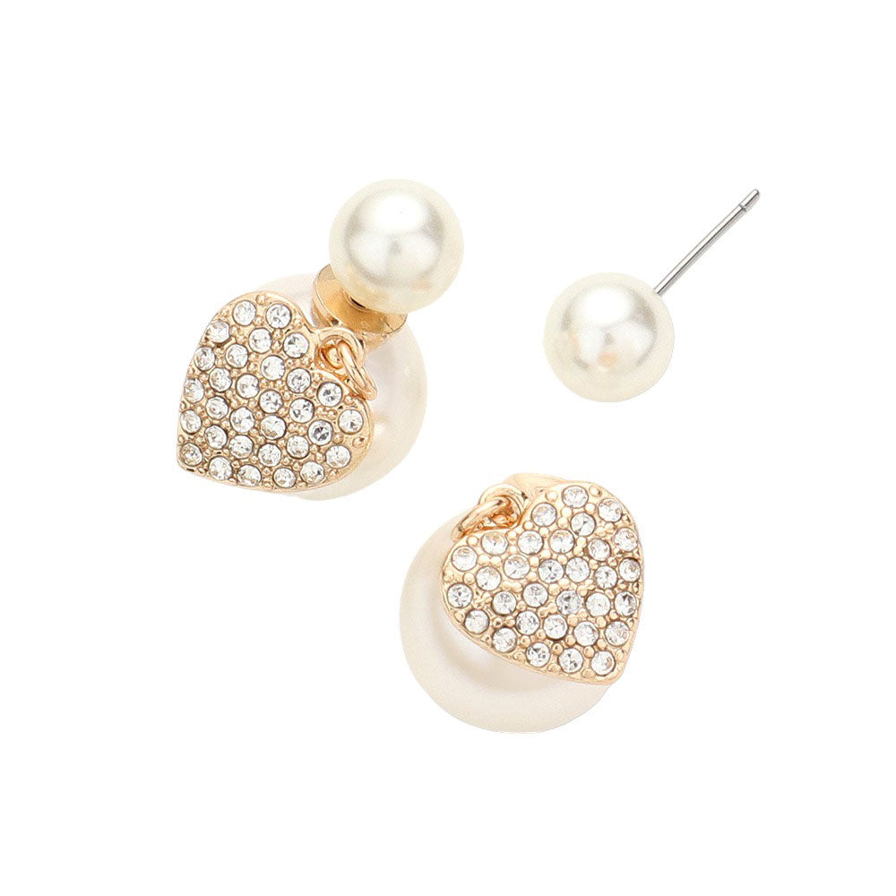 Gold Heart Pointed Double Sided Pearl Peekaboo Earrings, Made with high-quality materials and featuring an eye-catching design, provide a stylish touch. Crafted with two petite pearls that glitter in the light, encased in two pointed hearts. Give a pair of these earrings to your family members or friends. 