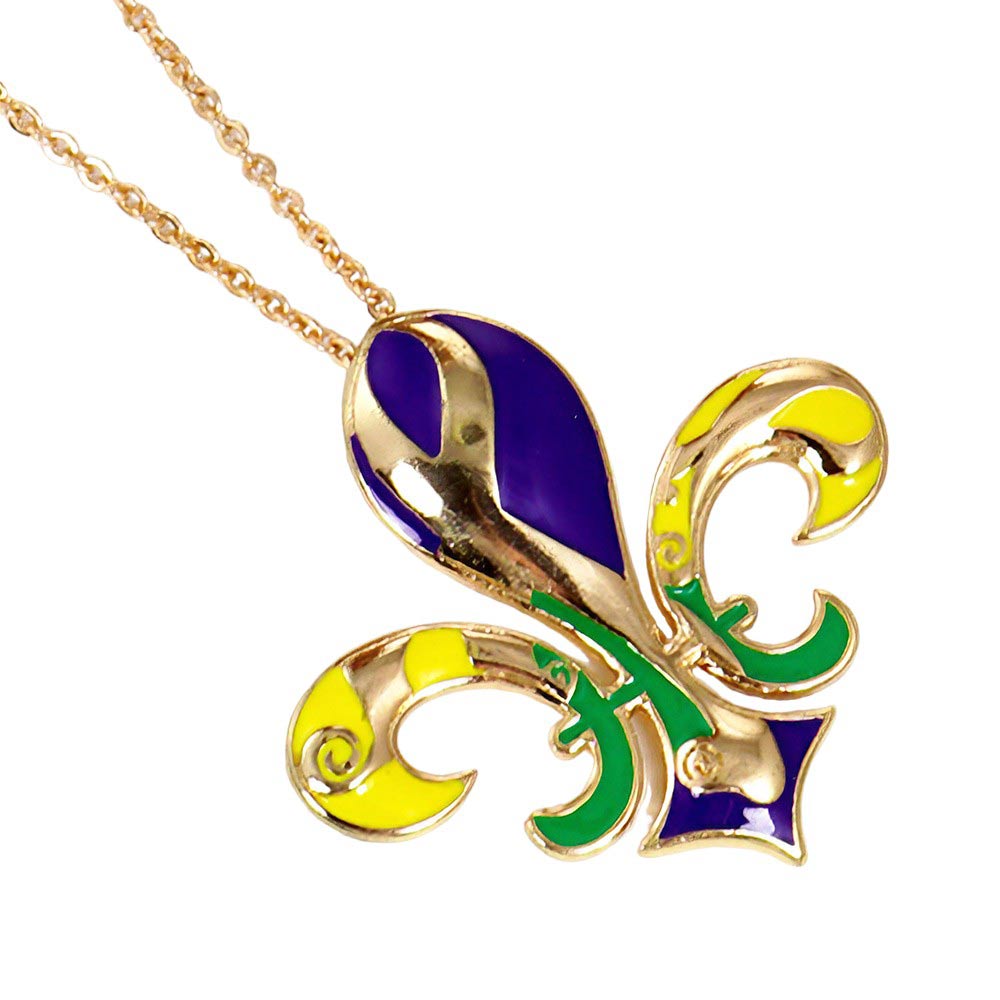 Gold Mardi Gras Enamel Fleur de Lis Pendant Necklace, Celebrate Mardi Gras with this stunning necklace. Crafted with intricately detailed enamel, this pendant is a must-have addition to any festive outfit. With its unique design and high-quality materials, this necklace is a symbol of elegance and tradition.
