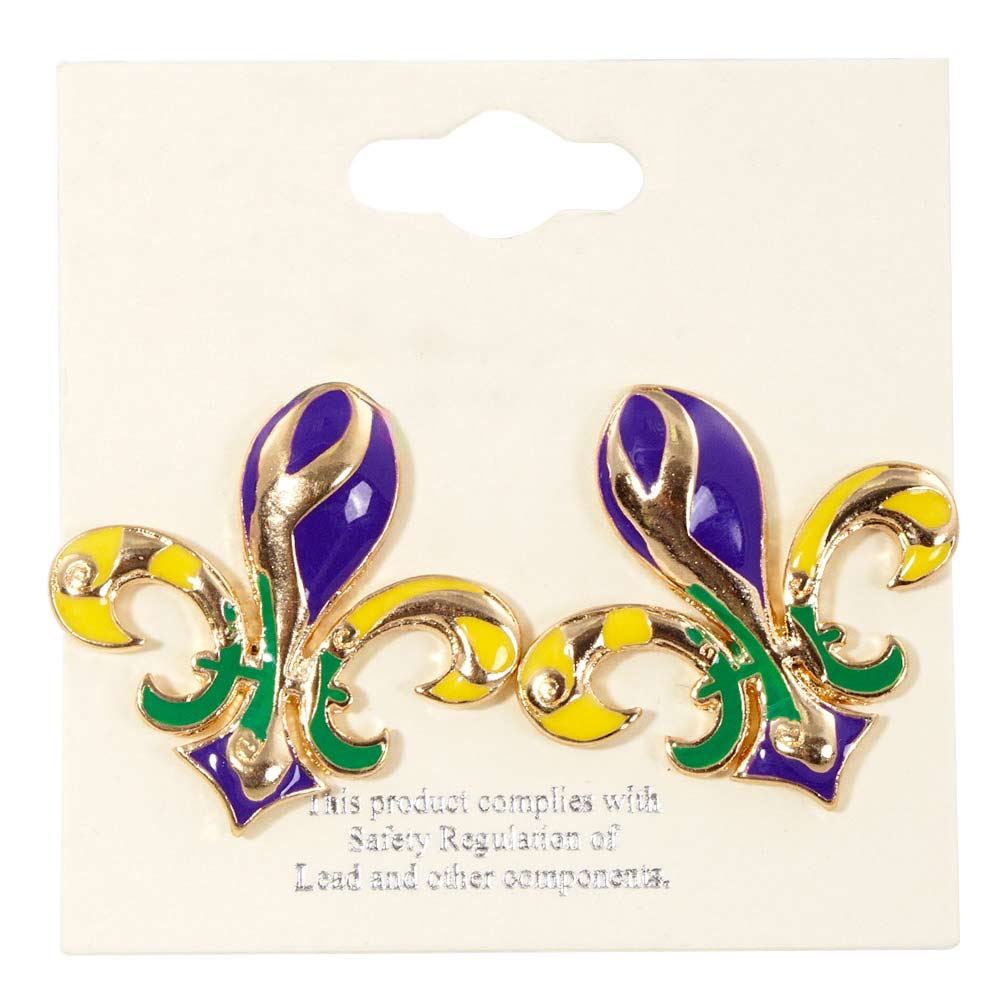 Gold Mardi Gras Fleur De Lis Stud Earrings, add a touch of classic elegance to any outfit. The intricate Fleur De Lis design, traditionally associated with royalty and beauty, makes these earrings a must-have for any special occasion. These earrings are a timeless addition to your jewelry collection.