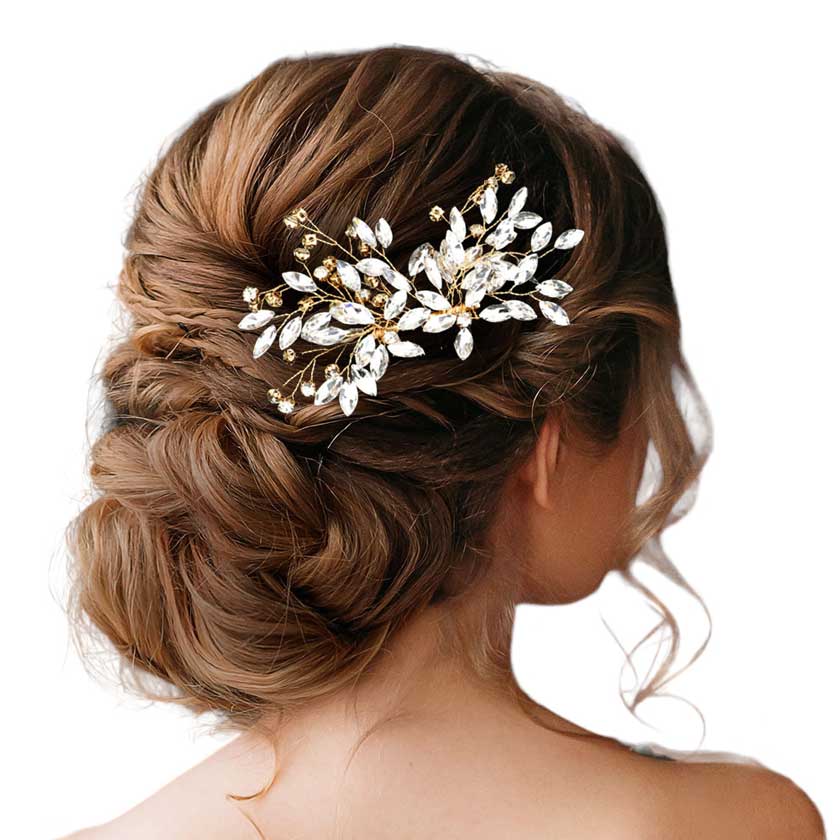 Gold Marquise Rhinestone Embellished Hair Comb, this striking hair comb features a marquise shape design, adorned with beautiful rhinestones to add a touch of sophistication to any look. This sensational piece features an eye-catching design that brings a glamorous touch to any ensemble. Ideal gift for any special occasion.