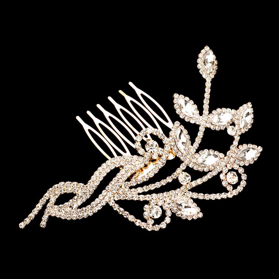 Gold Marquise Stone Accented Leaf Hair Comb, this intricately designed hair comb features a marquise stone accent in the center of a polished metal leaf shape. The beautifully crafted design hair comb adds a gorgeous glow to any special outfit. These are Perfect Anniversary Gifts, and also ideal for any special occasion.