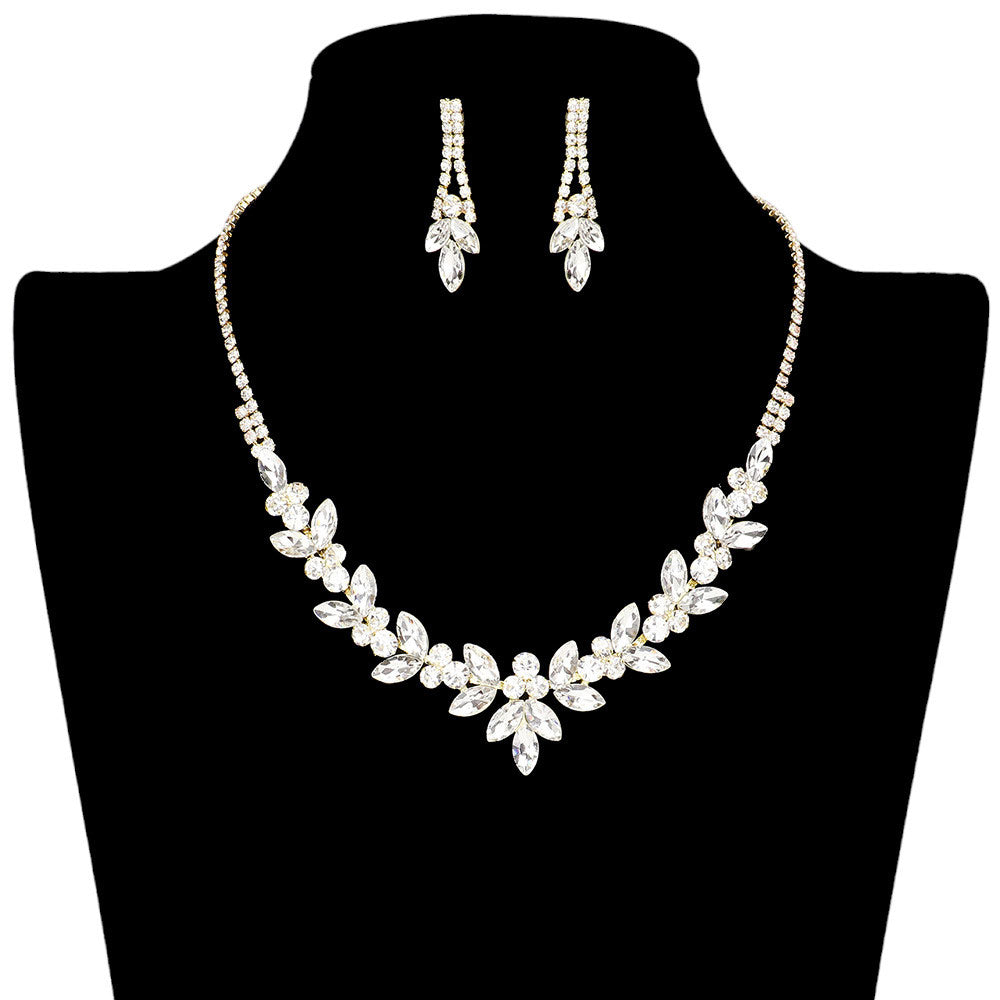 Gold Marquise Stone Accented Rhinestone Jewelry Set, perfect for any special occasion. Not only does it have beautiful marquise stones, but also features stunning rhinestone accents to make sure you sparkle in any light. Wear it to any event and make sure you look elegant and glamorous. A thoughtful gift item to loved ones.