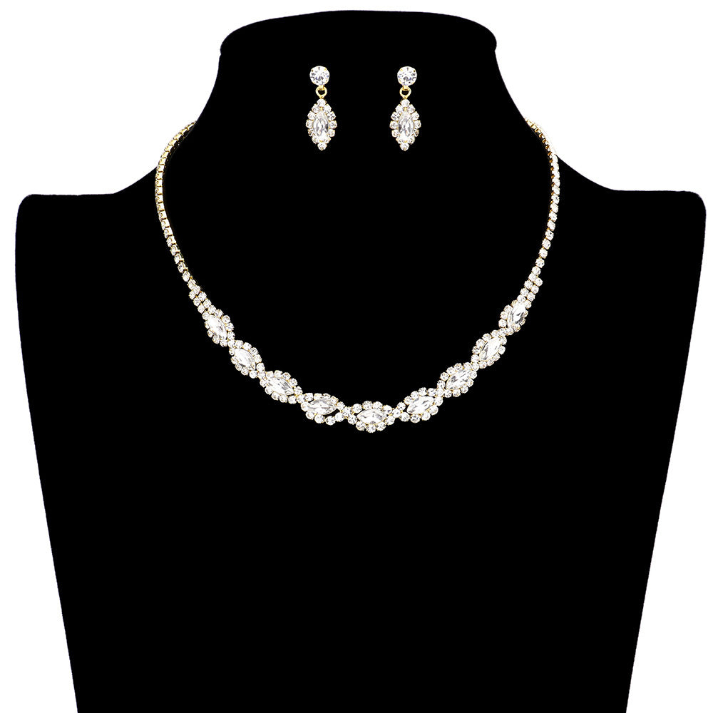 Gold Marquise Stone Accented Rhinestone Jewelry Set, adds a classic touch to any ensemble. The timeless marquise cut stones are perfectly accented with a dazzling variety of rhinestones, creating a timeless piece of jewelry that is sure to impress. A perfect fashion accessory for any kind of casual or special occasion.