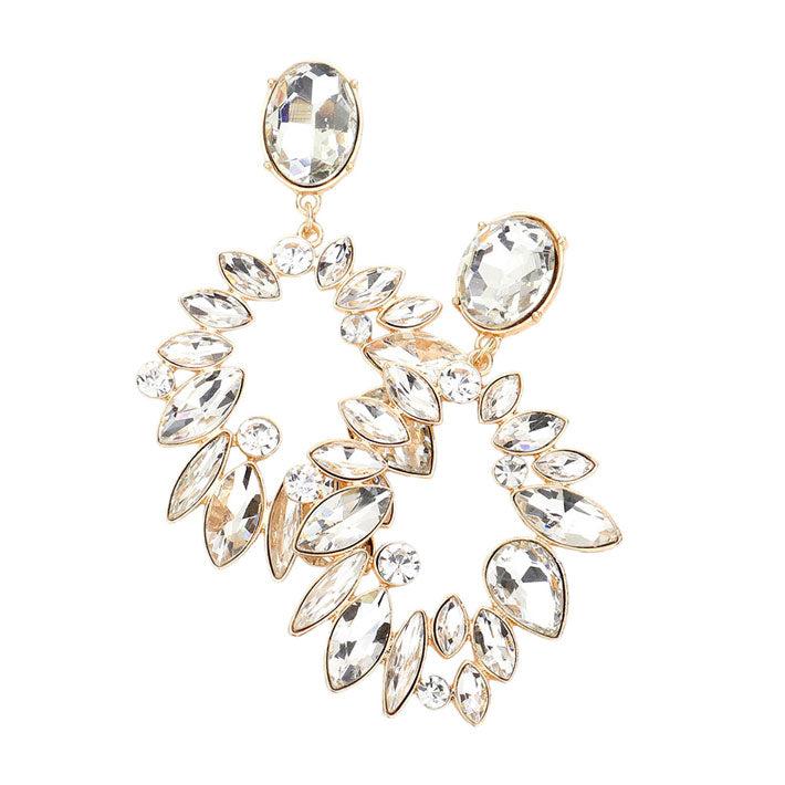 Gold Marquise Stone Cluster Open Oval Evening Earrings, looks like the ultimate fashionista with these evening earrings! The perfect sparkling earrings adds a sophisticated & stylish glow to any outfit. Ideal for parties, weddings, graduation, prom, holidays, pair these earrings with any ensemble for a polished look.