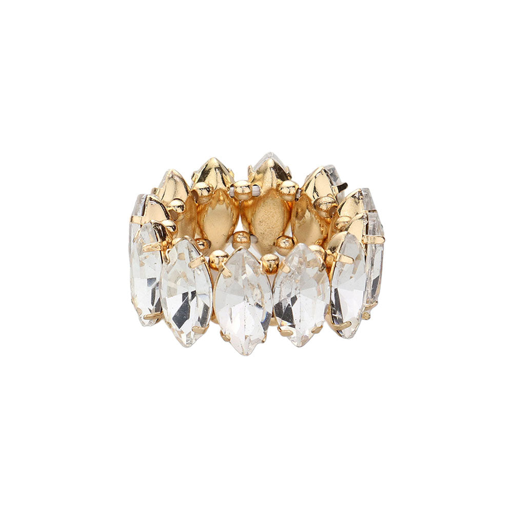 Gold Marquise Stone Cluster Stretch Ring, is both stylish, versatile, and perfect for adding a touch of sparkle to any outfit. It features a beautiful cluster of marquise stones for a classic look. Made with stretch material for comfort and convenience, it's the perfect way to accessorize your special occasion look.