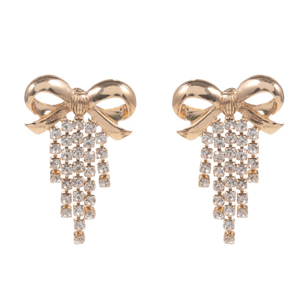 Gold Metal Bow Rhinestone Fringe Earrings, Enhance your outfit with our elegant earrings. Crafted with sparkling rhinestones and a delicate metal bow, these earrings are the perfect accessory to add a touch of elegance to your style. The fringe design adds movement and dimension, these are a must-have for any occasion.