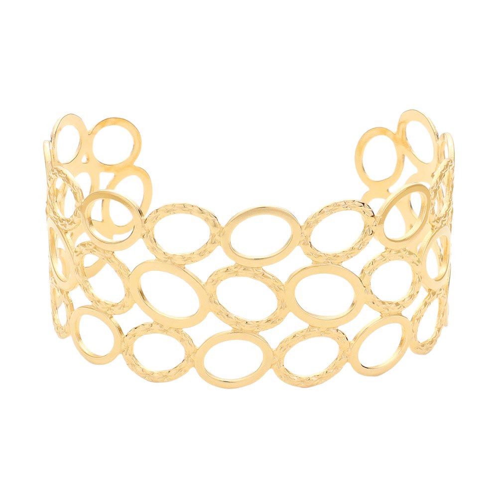 Gold Metal Open Oval Cuff Bracelet. This elegant piece features a unique design and an open oval shape, making it perfect for adding a touch of sophistication to any outfit. Crafted with quality metal, it is durable and comfortable to wear. Elevate your fashion game with this statement piece.