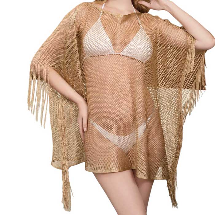 Gold Metallic Tassel Cover Up Kimono Poncho, Add some shimmer to your beach look with our cover up poncho. This stylish and playful cover up doubles as a kimono and poncho, perfect for any pool party or beach day. Stand out with the metallic detailing and have fun with the tassel accents.