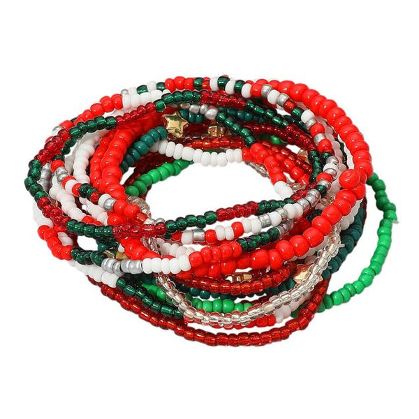 Set of 15 stretch bead bracelets featuring festive holiday tones. Perfect for gifting, stacking, and adding a playful seasonal touch to any display. Lightweight and easy to wear.