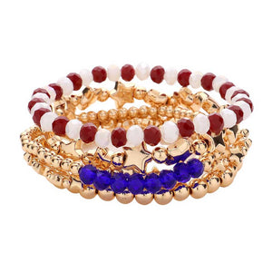 Gold Multi 5PCS Metal Ball American USA Flag Beaded Stretch Bracelets, Add a patriotic touch to your outfit with these exotic bracelets. These stylish bracelets feature an eye-catching American flag design and are made with durable metal and stretchy beads for a comfortable fit. Show off your American pride with these Bracelets.