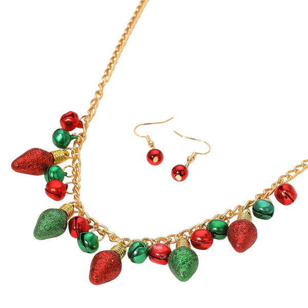 Light up your look with this festive Christmas necklace and earring set, featuring glittery red and green bulb charms and jingle bells on a gold-tone chain. Includes matching red bell drop earrings. Perfect for holiday parties, costumes, and seasonal gifting.