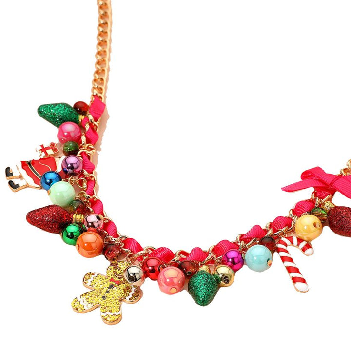 Bring joy to your festive looks with this holiday candy charm statement necklace. Featuring playful pendants like gingerbread men, candy canes, and colorful ornaments, it adds a cheerful and eye-catching sparkle to any celebration or winter outfit.