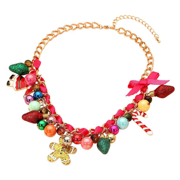 Bring joy to your festive looks with this holiday candy charm statement necklace. Featuring playful pendants like gingerbread men, candy canes, and colorful ornaments, it adds a cheerful and eye-catching sparkle to any celebration or winter outfit.