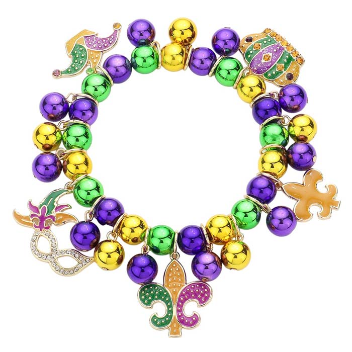 Gold Multi Mardi Gras Enamel Fleur De Lis Mask Crown Charm Stretch Bracelet. Elevate your Mardi Gras style with our Enamel Fleur De Lis Mask Crown Charm Stretch Bracelet. Designed with exquisite detail and stretch for comfort, this unique piece will add a touch of elegance to any outfit. elegance to any outfit.
