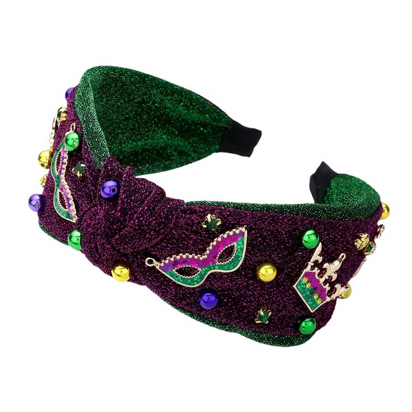 Gold Multi Mardi Gras Mask Crown Sparkle Knot Headband, Elevate your Mardi Gras ensemble with our stunning headband. Made with intricate sparkle detailing, this headband will surely turn heads at any party. Feel like royalty with our unique design that combines the elegance of a mask and the playfulness of a crown.