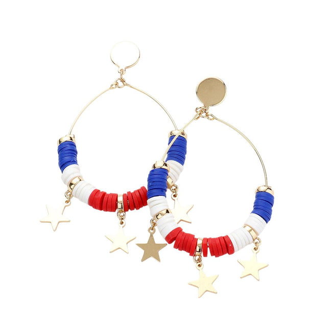 Star Accented Heishi Open Metal Teardrop Dangle Earrings - Gold Multi - Earrings