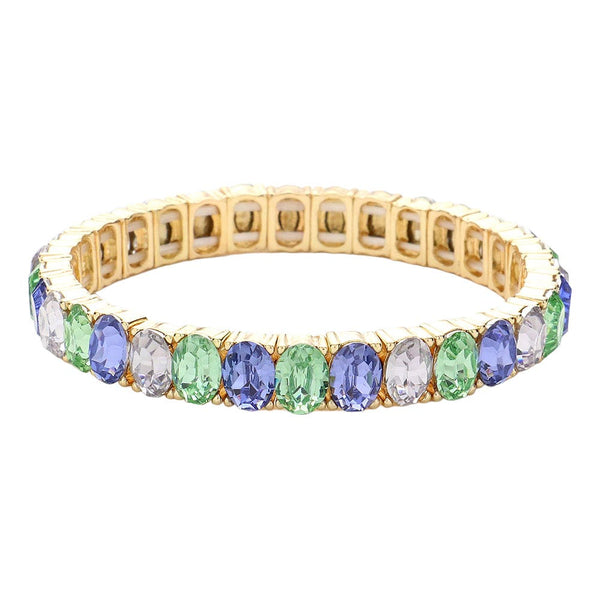 Gold-Multi -Oval Stone Cluster Stretch Evening Bracelet is expertly crafted with a stretch design for easy and comfortable wear. With an elegant and sophisticated look, it features oval-shaped stones that create a dazzling and eye-catching cluster. This bracelet add a touch of glamour to their outfit.