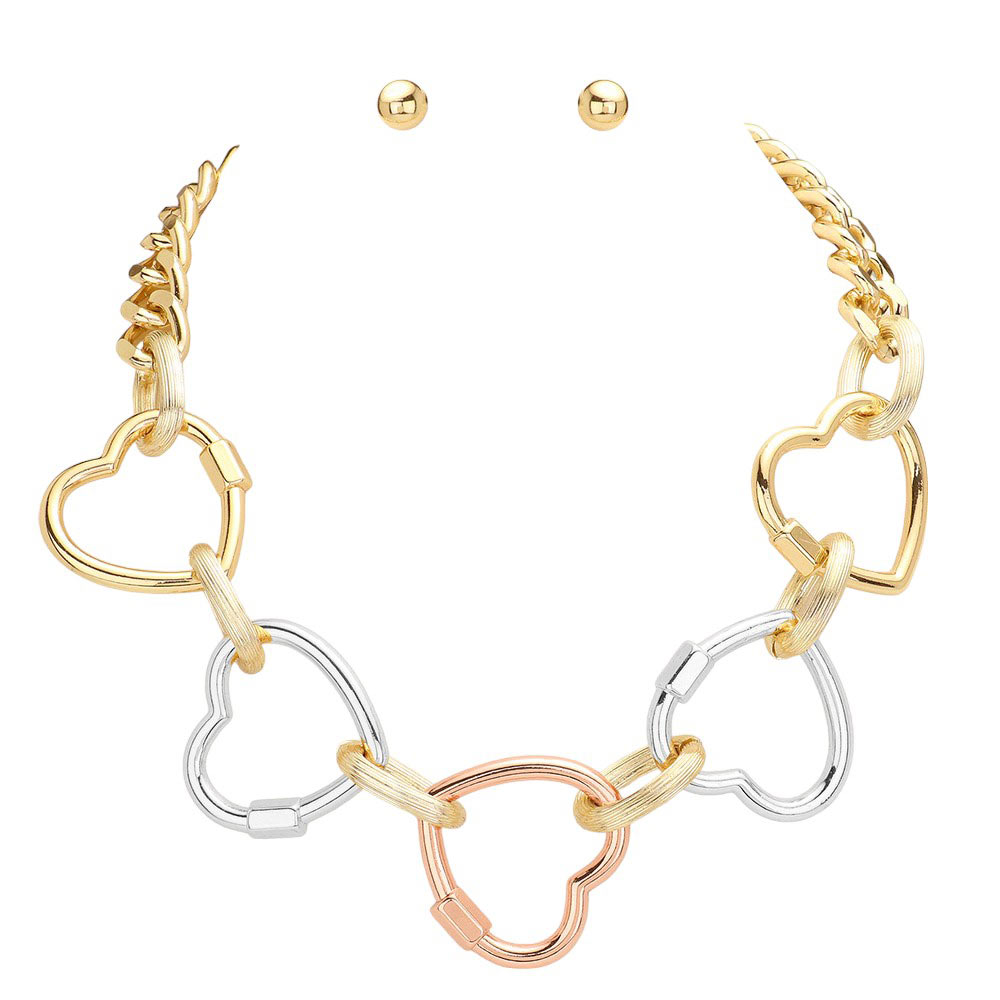 Gold Oversized Metal Open Heart Link Jewelry Set. Upgrade your accessory collection. This versatile set features oversized metal open-heart links that add a modern touch to any outfit. Crafted with high-quality materials, this set is durable and stylish. Elevate your look with this must-have jewelry set today.