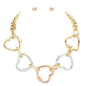 Gold Multi Oversized Metal Open Heart Link Jewelry Set. Upgrade your accessory collection. This versatile set features oversized metal open-heart links that add a modern touch to any outfit. Crafted with high-quality materials, this set is durable and stylish. Elevate your look with this must-have jewelry set today.