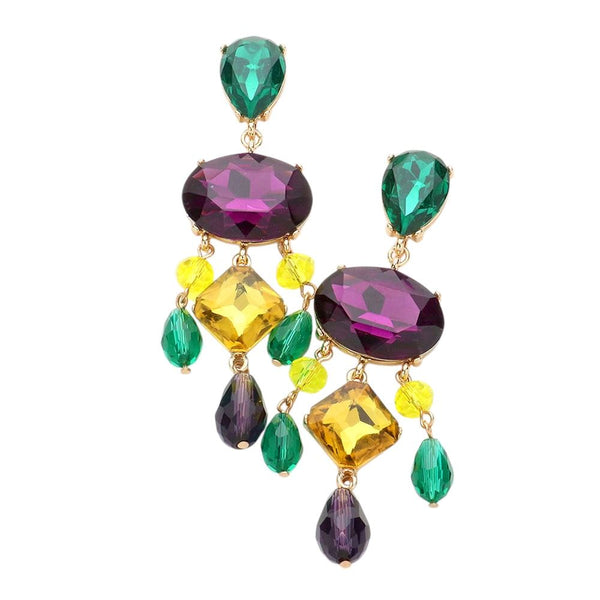 Gold-Multi-Purple-Elevate your evening look with our Mardi Gras earrings. Made with multi-colored stone beads linked together, these dangle earrings exude sophistication and luxury. Inspired by the festivities of New Orleans, these earrings are perfect for any special occasion. 