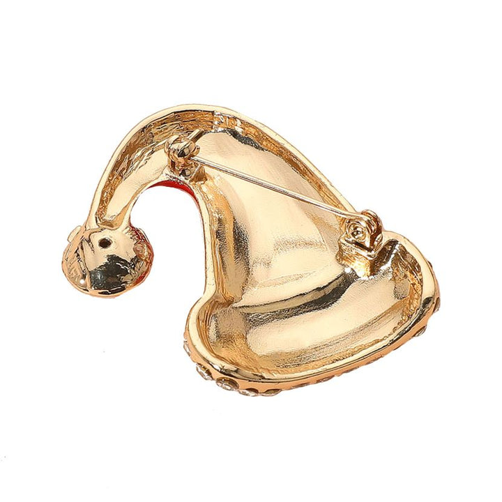 Festive Santa hat brooch adorned with sparkling rhinestones and star accents. Perfect for adding holiday cheer to jackets, scarves, or bags during Christmas celebrations.