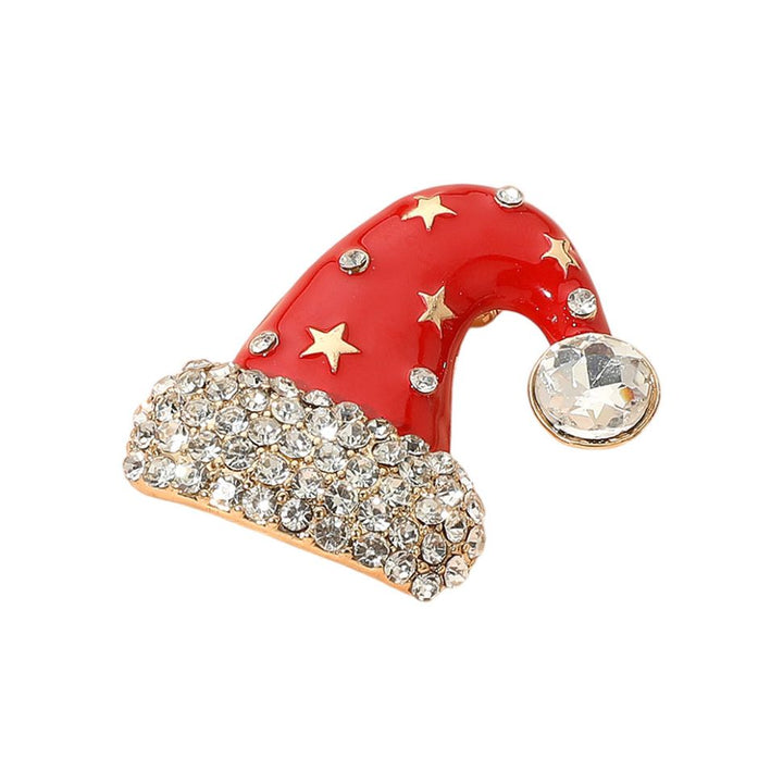 Festive Santa hat brooch adorned with sparkling rhinestones and star accents. Perfect for adding holiday cheer to jackets, scarves, or bags during Christmas celebrations.