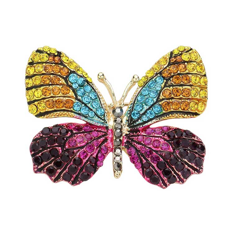 Gold Multi Rhinestone Pave Butterfly Pin Brooch adds a touch of elegance to any outfit. Featuring dazzling rhinestones in a pave butterfly design, this pin exudes a sophisticated and polished look. Perfect for both casual and formal occasions, this versatile accessory will elevate any ensemble.