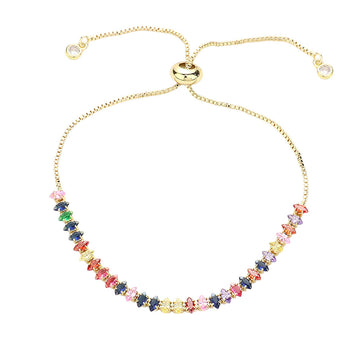 Gold Multi Stainless Steel Marquise CZ Tennis Chain Pull Tie Adjustable Bracelet combines a modern design with durable materials. Expertly crafted with stainless steel and CZ stones, it offers comfort, versatility, and elegance. This must-have accessory adds a touch of luxury to any outfit.