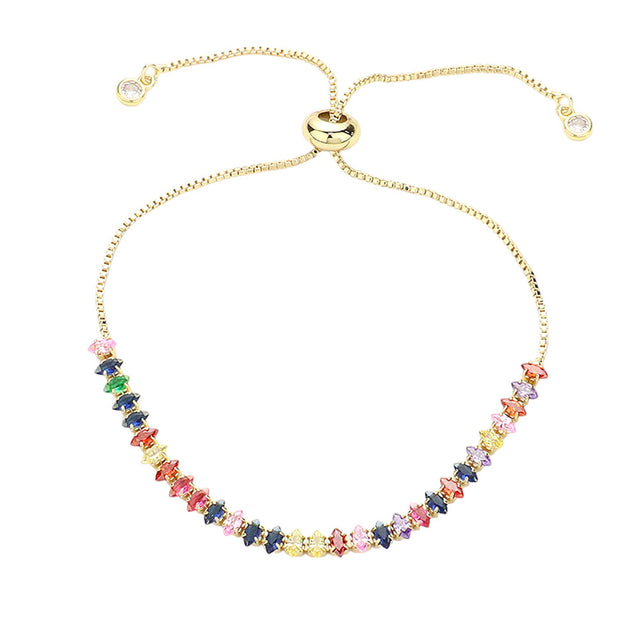 Gold Multi Stainless Steel Marquise CZ Tennis Chain Pull Tie Adjustable Bracelet combines a modern design with durable materials. Expertly crafted with stainless steel and CZ stones, it offers comfort, versatility, and elegance. This must-have accessory adds a touch of luxury to any outfit.