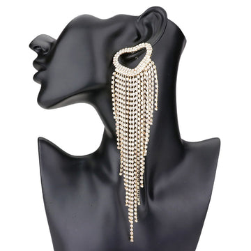 Gold Open Heart Accented Rhinestone Fringe Dangle Evening Earrings add elegance and sophistication to any outfit. The intricate design features a delicate open heart accent and sparkling rhinestone fringe, making them perfect for any occasion. Elevate your style with these glamorous earrings.