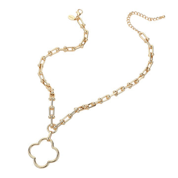 Gold Open Quatrefoil Pendant Hardware Chain Necklace is a stunning accessory that adds a touch of elegance to any outfit. The intricate quatrefoil pendant design is crafted with durable hardware chain for a unique and eye-catching look. Elevate your style with this expertly crafted necklace.