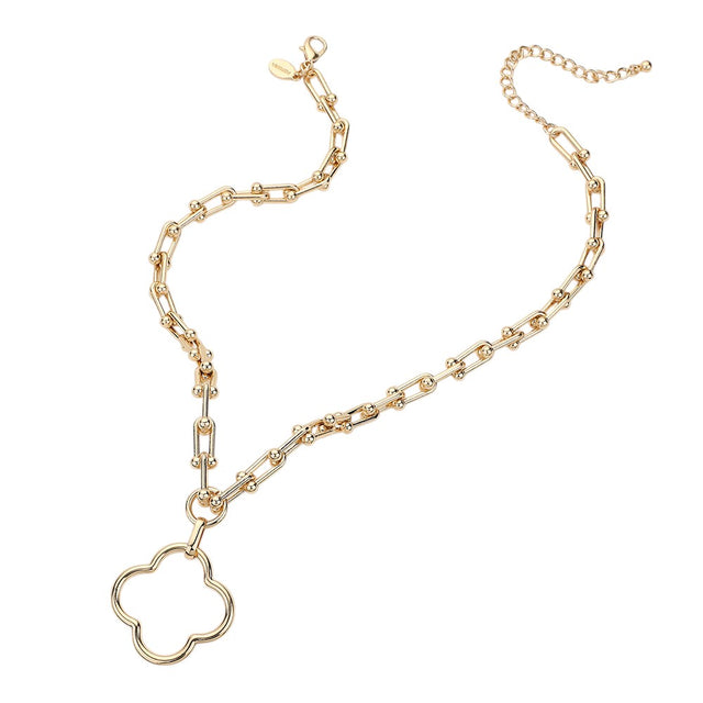 Gold Open Quatrefoil Pendant Hardware Chain Necklace is a stunning accessory that adds a touch of elegance to any outfit. The intricate quatrefoil pendant design is crafted with durable hardware chain for a unique and eye-catching look. Elevate your style with this expertly crafted necklace.