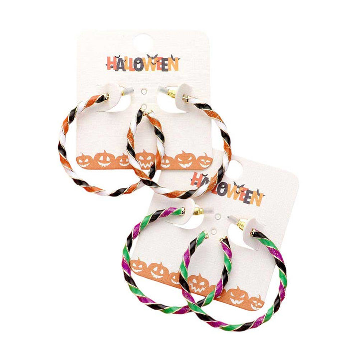 Gold-Orange-Enamel Halloween Twisted Hoop Earrings add a festive touch to any outfit. Made from durable materials, they are perfect for wear during the holiday season. Featuring a unique twisted design and vibrant enamel colors, these earrings are a must-have for any Halloween enthusiast.