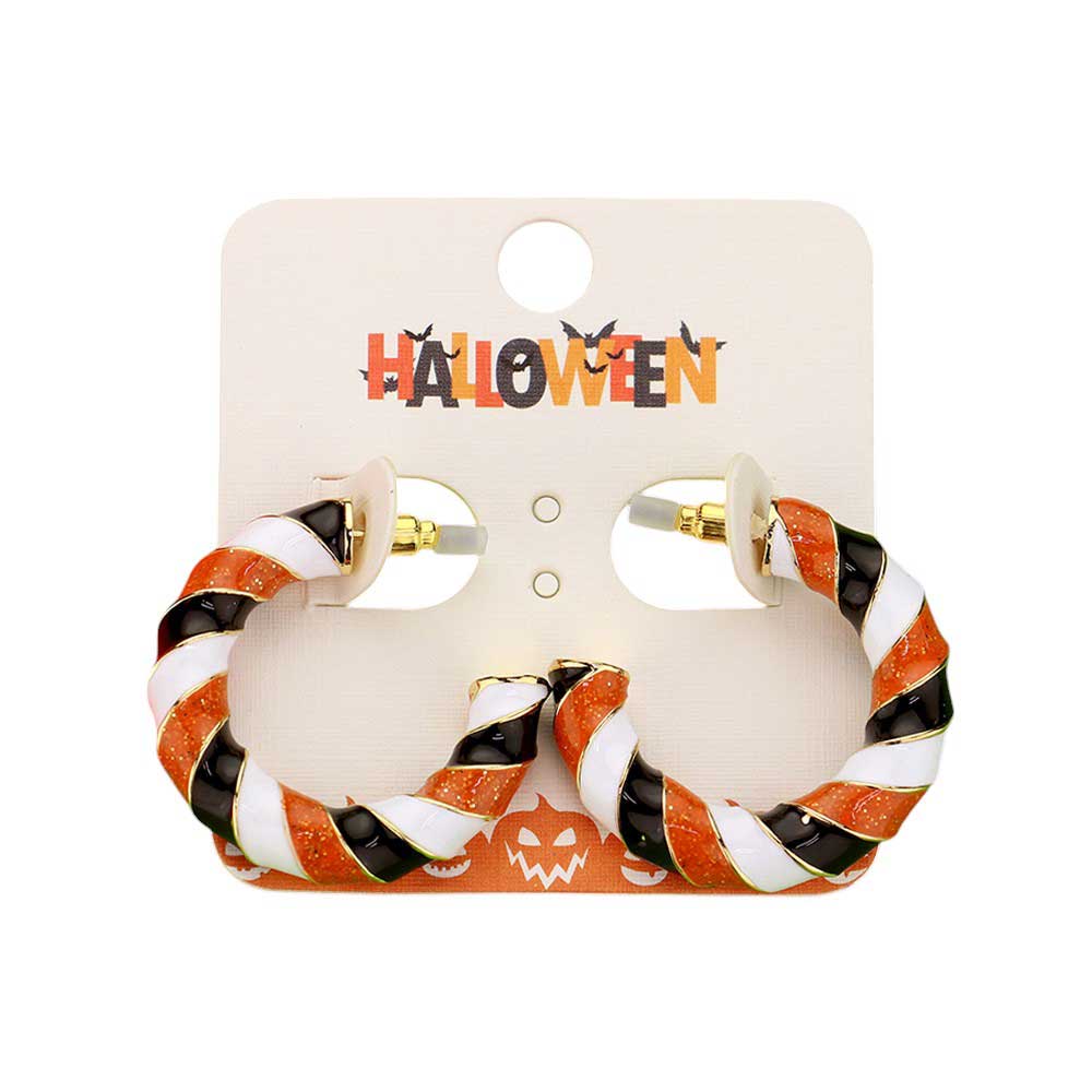 Gold-Orange-Enamel Halloween Twisted Hoop Earrings add a spooky twist to any outfit. Made with high-quality enamel, these earrings are durable and stylish. The twisted hoop design adds a unique touch to your Halloween look. Perfect for any Halloween party or event, these earrings are a must-have for any fashion-forward individual.