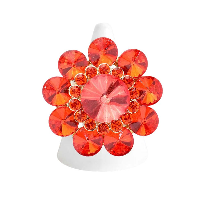 Gold Orange Round Crystal Flower Stretch Ring, Provides a classic touch of elegance. Perfect for any special occasion or everyday wear. Perfect gift for Birthdays, Mother's Day, anniversaries, Weddings, Wedding Shower, Graduation, Prom Jewelry, Just Because, Thank you, or any other special occasion.